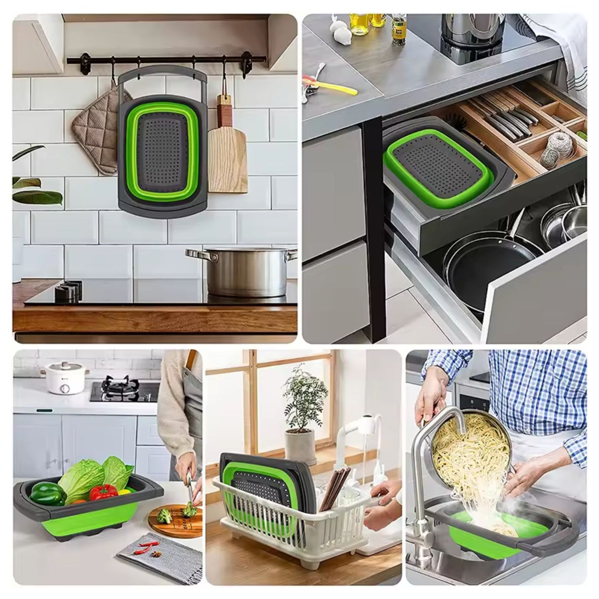 Colador extensible plegable verde de 39 cm, ideal para escurrir pasta y verduras. Resistente, fácil de limpiar y compacto para almacenamiento.-1-4-1