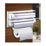 Dispensador triple de rollos de 38 cm en plástico blanco, ideal para papel film, aluminio y toallas. Organiza tu cocina eficientemente.-2