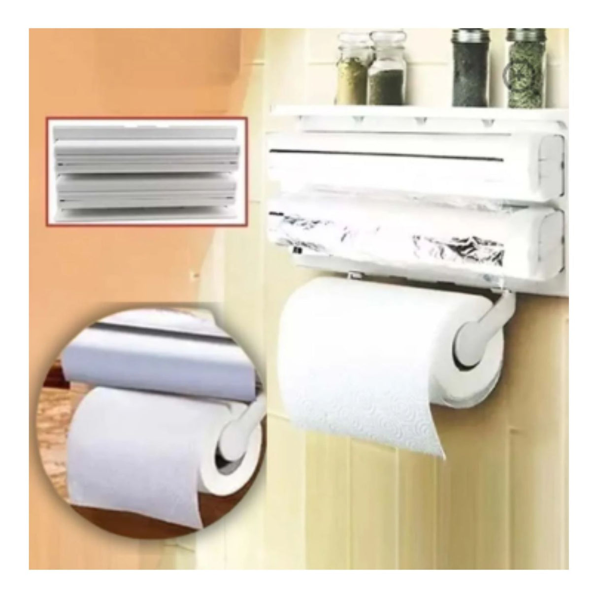 Dispensador triple de rollos de 38 cm en plástico blanco, ideal para papel film, aluminio y toallas. Organiza tu cocina eficientemente.-3