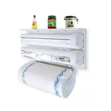 Dispensador triple de rollos de 38 cm en plástico blanco, ideal para papel film, aluminio y toallas. Organiza tu cocina eficientemente.-4