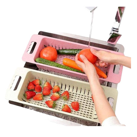 Escurridor de cocina beige de plástico resistente, 48 cm, ideal para lavar y escurrir verduras y frutas con diseño ergonómico.-1-2-1