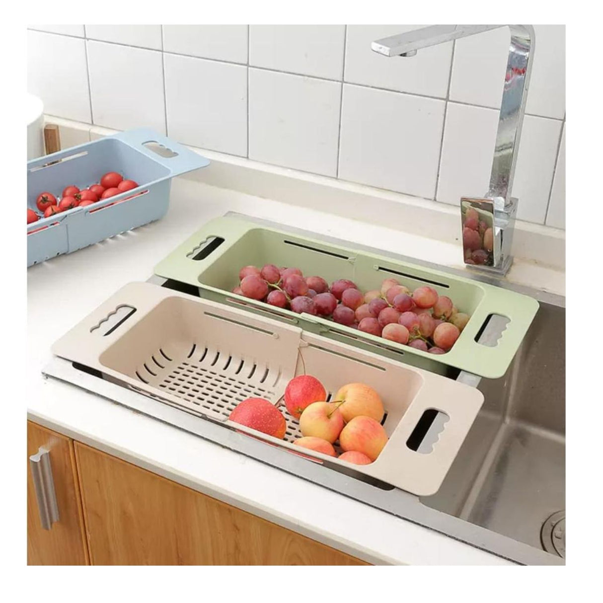 Escurridor de cocina beige de plástico resistente, 48 cm, ideal para lavar y escurrir verduras y frutas con diseño ergonómico.-4