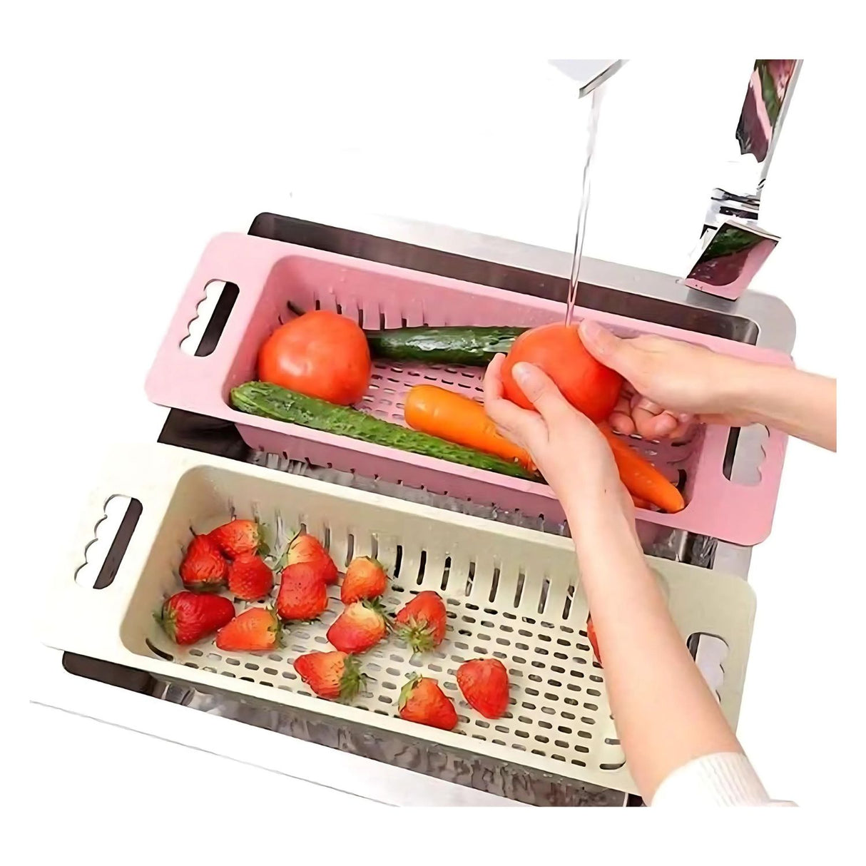 Escurridor de cocina rosa de 48 cm, plástico resistente, ideal para lavar y escurrir verduras y frutas con drenaje eficiente.-4