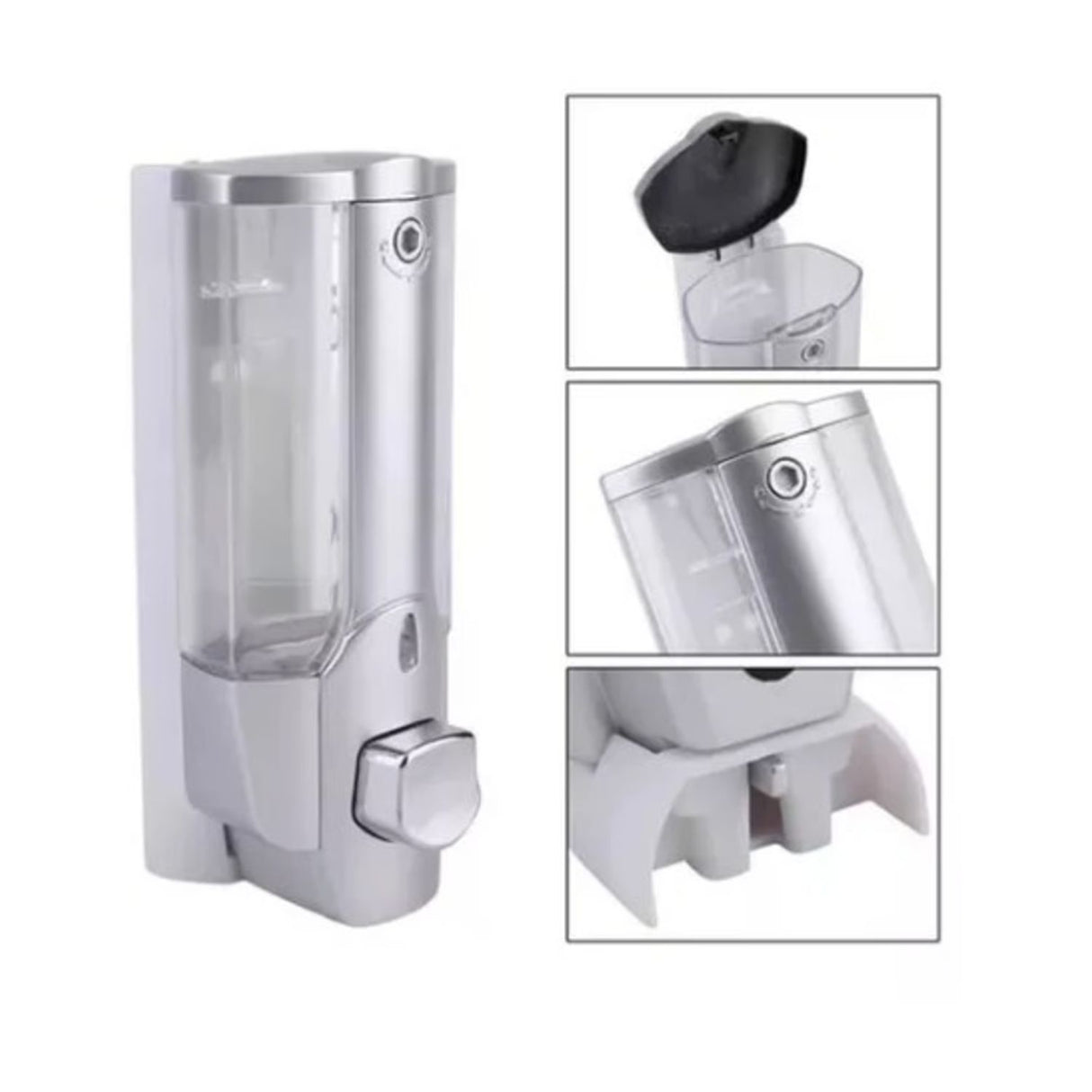 Dispensador de jabón líquido gris moderno de 350mL, fabricado en plástico ABS, con dosificación controlada y diseño ergonómico para uso fácil.-1-1-1