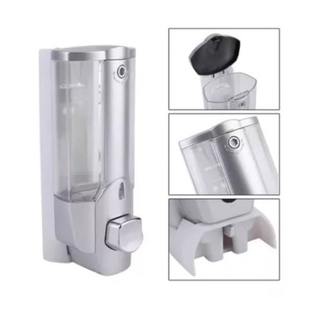 Dispensador de jabón líquido gris moderno de 350mL, fabricado en plástico ABS, con dosificación controlada y diseño ergonómico para uso fácil.-1-1-1