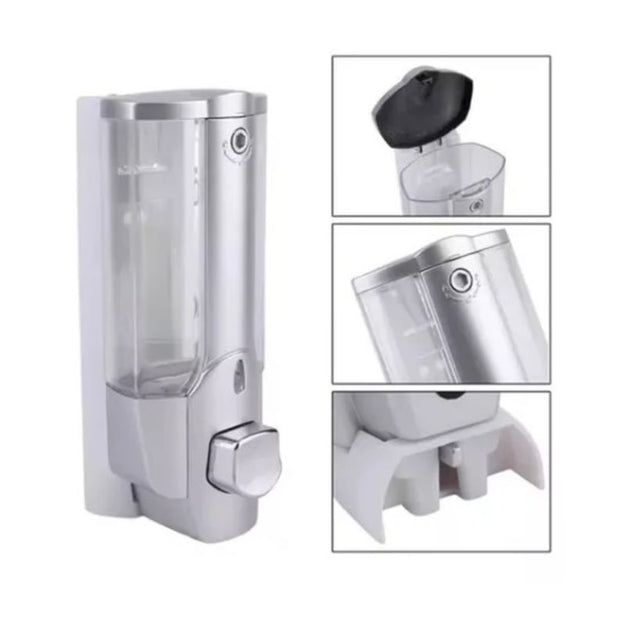 Dispensador de jabón líquido gris moderno de 350mL, fabricado en plástico ABS, con dosificación controlada y diseño ergonómico para uso fácil.-1-1-1