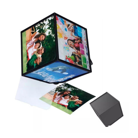 Cubo rotativo 360° negro de plástico ABS, ideal para exhibir imágenes y productos con rotación silenciosa y diseño compacto.-1-1-1