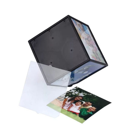 Cubo rotativo 360° negro de plástico ABS, ideal para exhibir imágenes y productos con rotación silenciosa y diseño compacto.-1-2-1