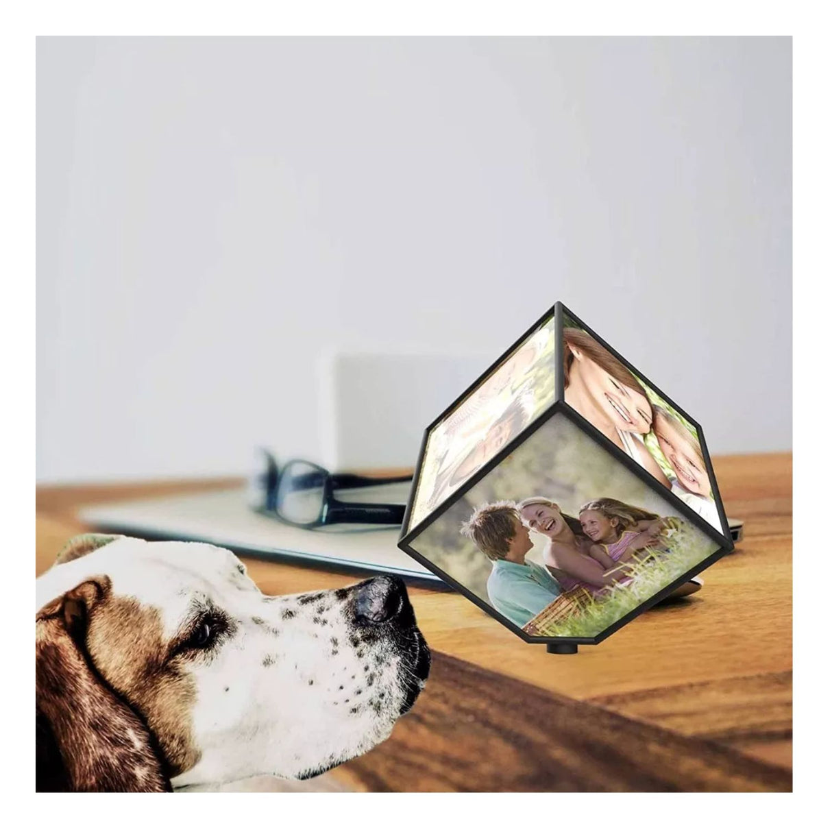 Cubo rotativo 360° negro de plástico ABS, ideal para exhibir imágenes y productos con rotación silenciosa y diseño compacto.-1-4-1