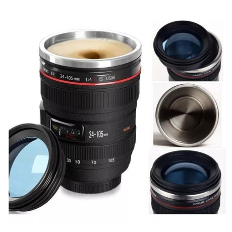 Vaso Café Cámara Negro de 14 cm, plástico resistente al calor, tapa hermética y diseño moderno, ideal para bebidas calientes.-3-2-1