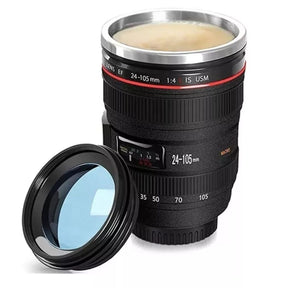 Vaso Café Cámara Negro de 14 cm, plástico resistente al calor, tapa hermética y diseño moderno, ideal para bebidas calientes.-3