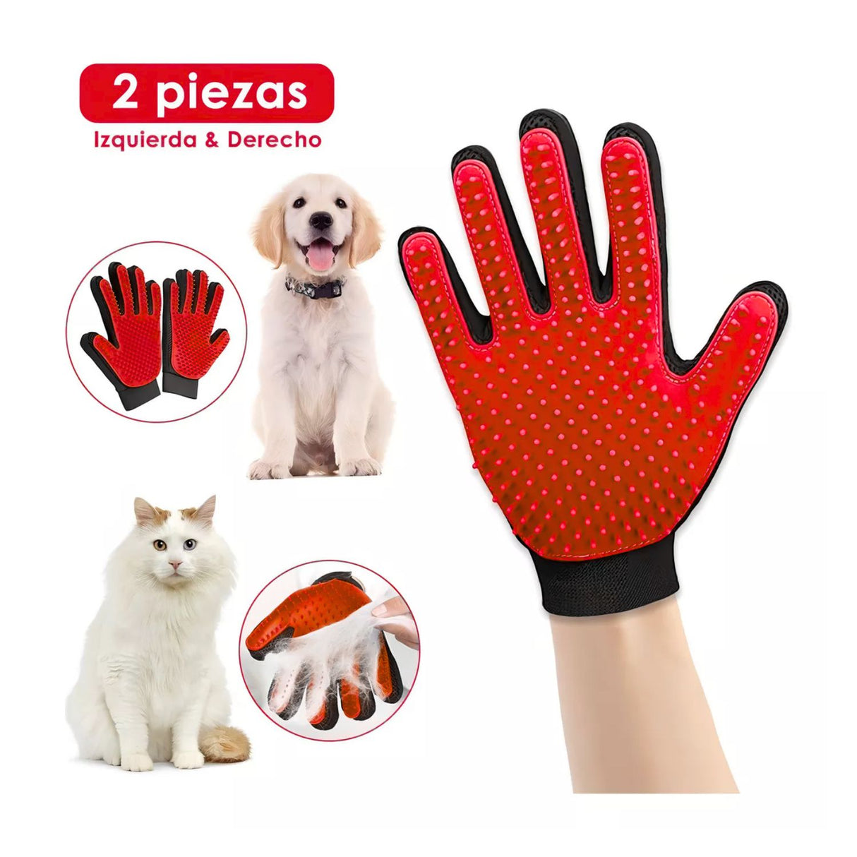 Guante cepillo para perros de 30 cm en rojo, con cerdas de silicona para cepillado y masaje, ideal para eliminar pelo suelto y suciedad.-2