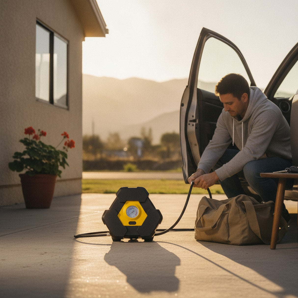 Inflador Compresor Aire Portatil 12V Auto Pelotas Amarillo