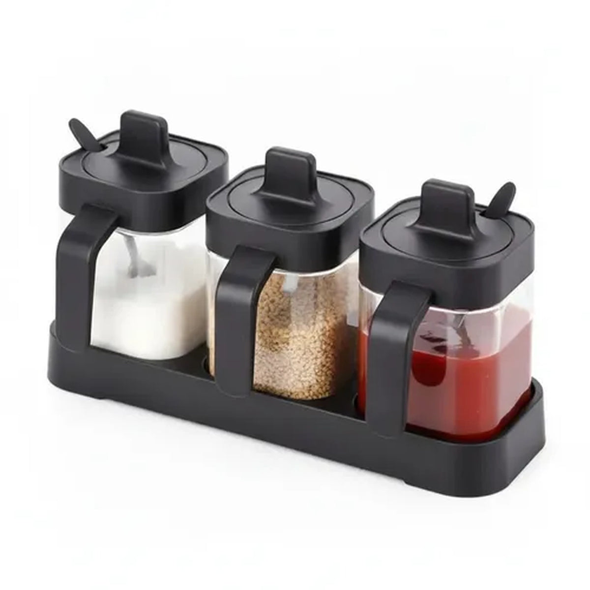 Especiero Hermetico Vidrio Set 3 Piezas Con Cuchara Base