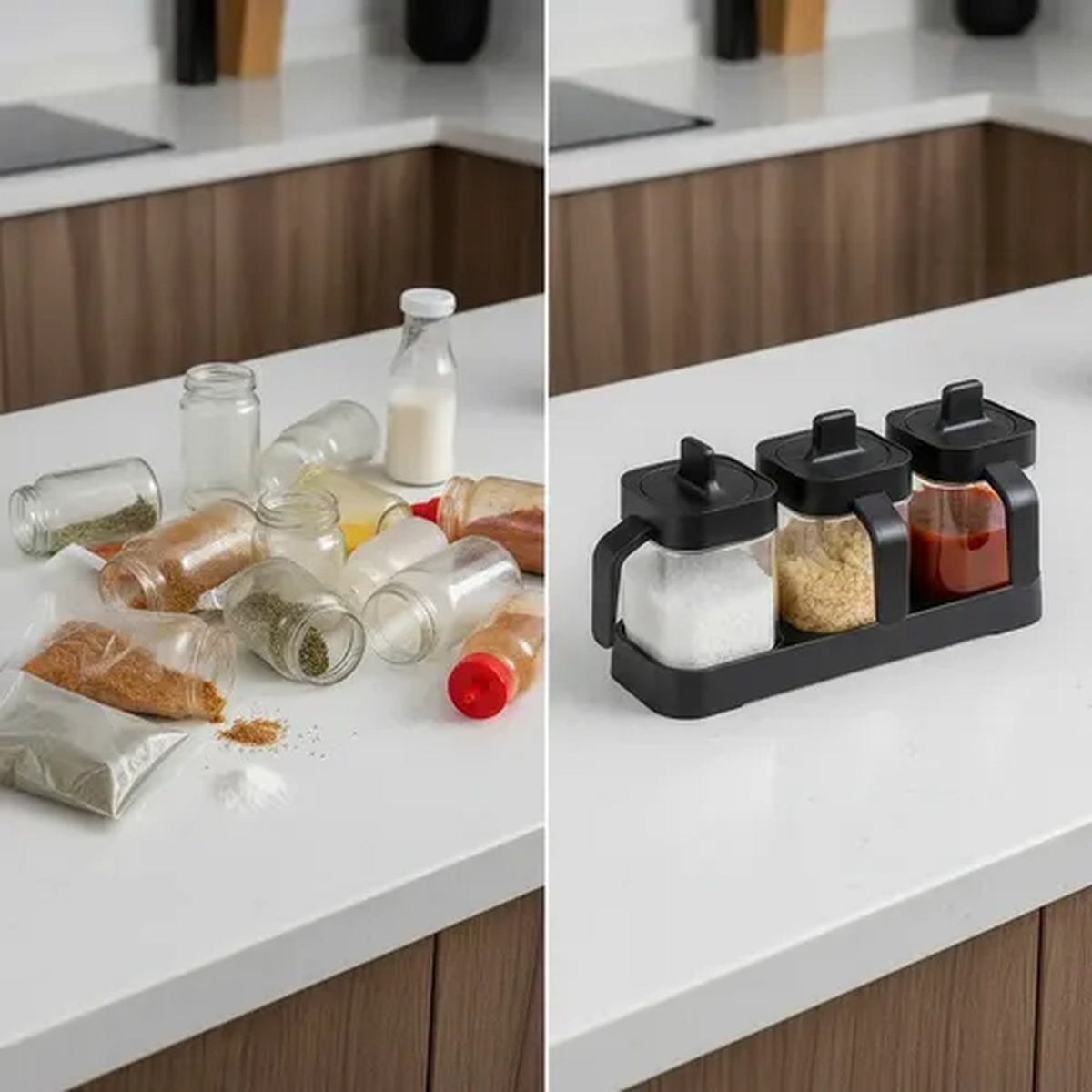 Especiero Hermetico Vidrio Set 3 Piezas Con Cuchara Base