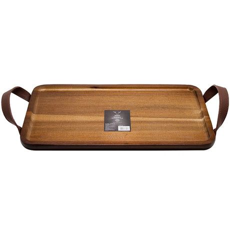 Bandeja Acacia con Asas de Cuero 35x21cm Asado Quincho Wayu. Elegancia y funcionalidad en una sola pieza. ¡Descubre su belleza y adquiere la tuya hoy!-2