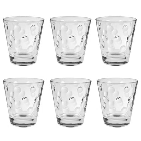 Set de 6 vasos de vidrio transparente de 350mL con diseño geométrico, ideales para cócteles y aptos para lavavajillas.-1