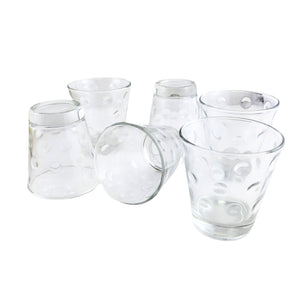 Set de 6 vasos de vidrio transparente de 350mL con diseño geométrico, ideales para cócteles y aptos para lavavajillas.-1-4-1-1