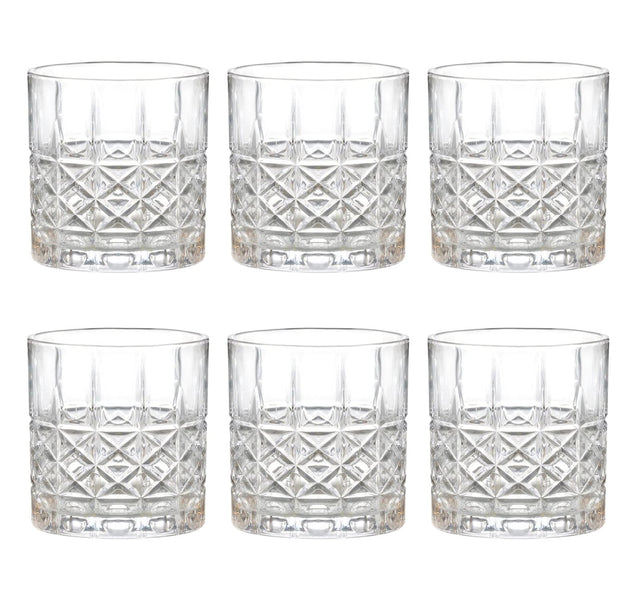 Set de 6 vasos de vidrio transparente de 330mL, elegantes y resistentes, ideales para jugos y cócteles en eventos y uso diario.-1-1-1-1