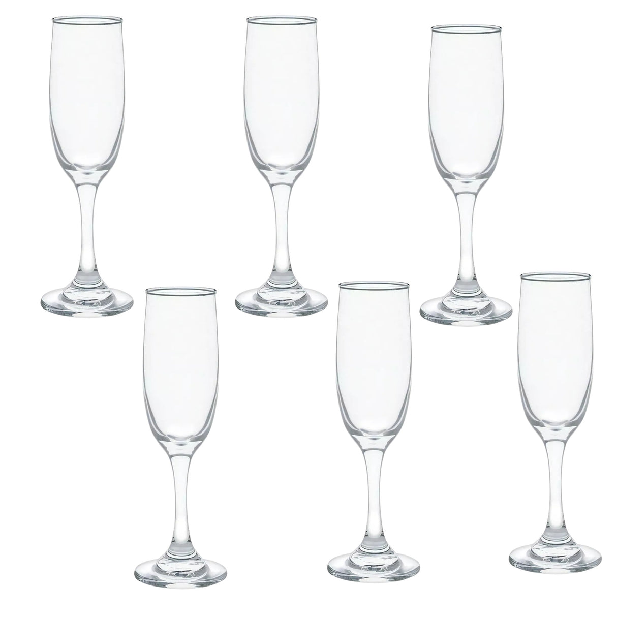 Set de 12 copas de vidrio transparente: 6 copas de champagne y 6 copas de vino, ideales para celebraciones elegantes y duraderas.-6