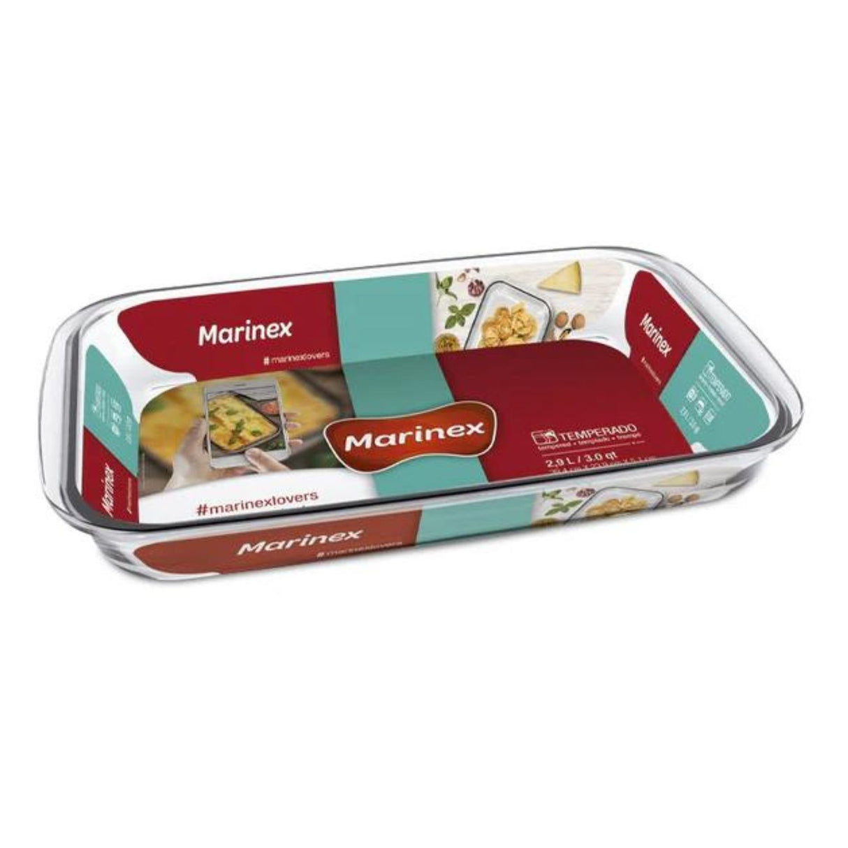 Asadera rectangular grande Marinex de vidrio templado, 2.9L, apta para horno y microondas, ideal para hornear y almacenar alimentos.-1-2-1-1