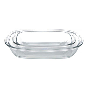 Set de 2 fuentes rectangulares de vidrio templado, transparentes, aptas para horno y microondas, ideales para hornear y almacenar alimentos.-1-3-1-1