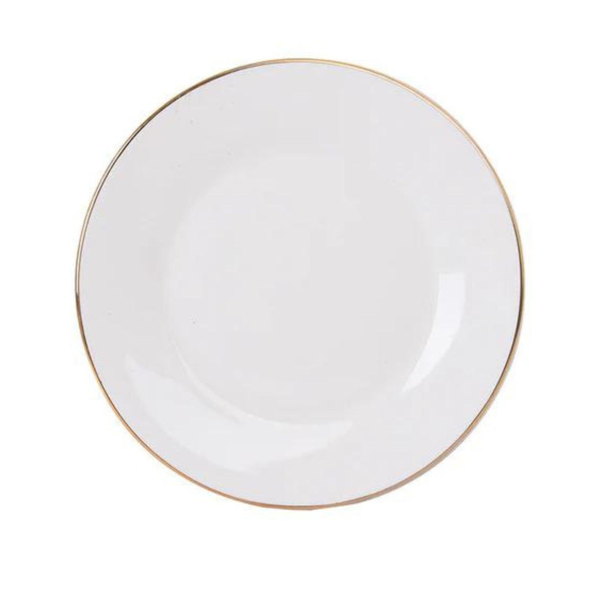 Plato de entrada de 27cm en porcelana blanca con borde dorado, ideal para servir ensaladas y postres en cenas elegantes.-1