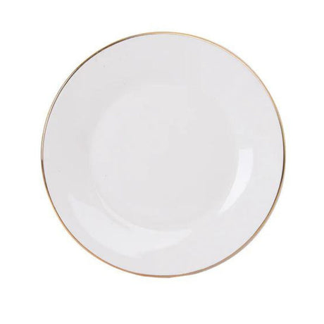 Plato de entrada de 27cm en porcelana blanca con borde dorado, ideal para servir ensaladas y postres en cenas elegantes.-1