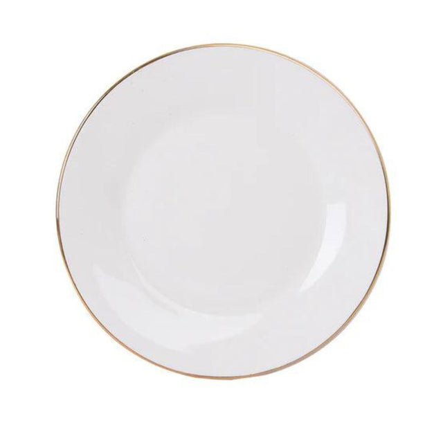 Plato de entrada de 27cm en porcelana blanca con borde dorado, ideal para servir ensaladas y postres en cenas elegantes.-1-1-1-1