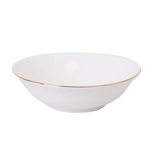 Plato hondo de porcelana blanca de 23cm con borde dorado, ideal para sopas y guisos, resistente y fácil de limpiar.-1-4-1-1