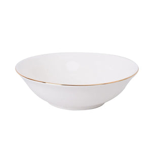 Ensaladera de porcelana blanca con borde dorado, 25cm, ideal para servir ensaladas y frutas, apta para microondas y lavavajillas.-4