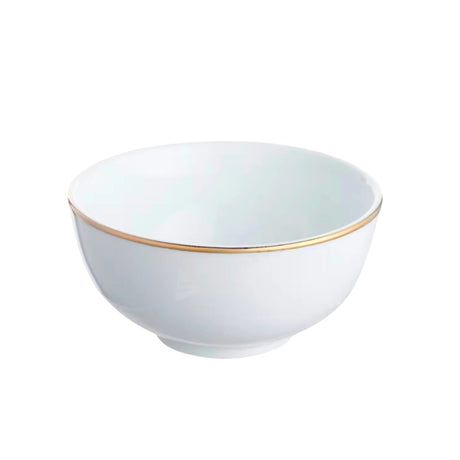 Bowl de porcelana blanca de 11 cm con borde dorado, ideal para servir sopas y postres. Elegante y resistente, apto para microondas y lavavajillas.-1