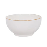 Bowl de porcelana blanca de 15 cm con borde dorado, ideal para servir ensaladas y postres. Resistente y apto para microondas y lavavajillas.-1