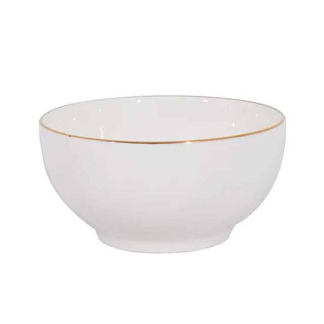 Bowl de porcelana blanca de 15 cm con borde dorado, ideal para servir ensaladas y postres. Resistente y apto para microondas y lavavajillas.-1