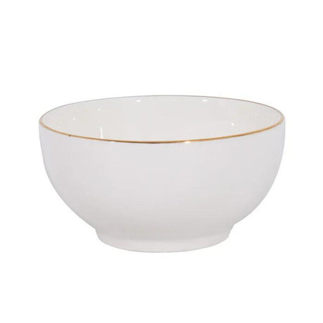 Bowl de porcelana blanca de 15 cm con borde dorado, ideal para servir ensaladas y postres. Resistente y apto para microondas y lavavajillas.-1-1-1-1