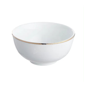 Bowl de porcelana blanca de 15 cm con borde dorado, ideal para servir ensaladas y postres. Resistente y apto para microondas y lavavajillas.-1-2-1-1