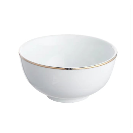 Bowl de porcelana blanca de 15 cm con borde dorado, ideal para servir ensaladas y postres. Resistente y apto para microondas y lavavajillas.-1-2-1-1