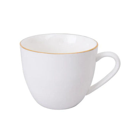 Taza de té de porcelana blanca de 260ml con borde dorado, elegante y duradera, ideal para uso diario y ocasiones especiales.-1