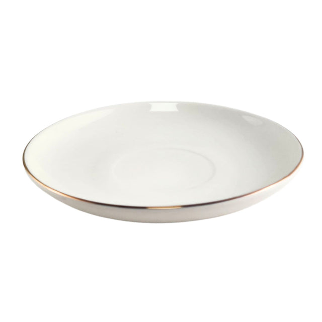 Platillo Royal de 15cm en porcelana blanca con borde dorado, ideal para servir postres y aperitivos en cenas elegantes.-1