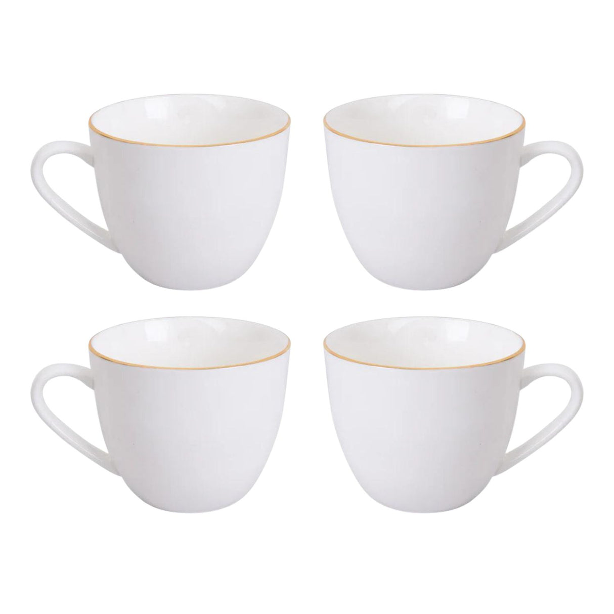 Set de 4 tazas de té de porcelana blanca con borde dorado, 260mL, aptas para microondas, ideales para bebidas calientes y frías.-1