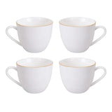 Set de 4 tazas de té de porcelana blanca con borde dorado, 260mL, aptas para microondas, ideales para bebidas calientes y frías.-1