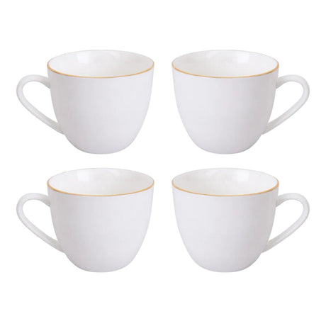 Set de 4 tazas de té de porcelana blanca con borde dorado, 260mL, aptas para microondas, ideales para bebidas calientes y frías.-1