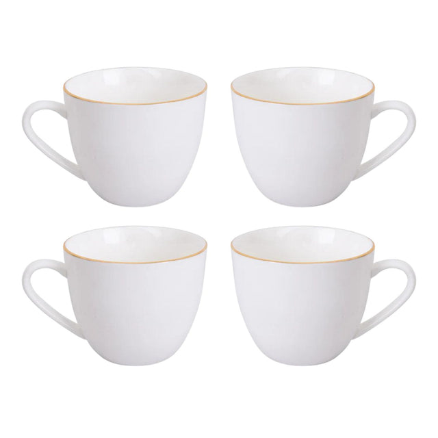 Set de 4 tazas de té de porcelana blanca con borde dorado, 260mL, aptas para microondas, ideales para bebidas calientes y frías.-1