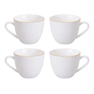 Set de 4 tazas de té de porcelana blanca con borde dorado, 260mL, aptas para microondas, ideales para bebidas calientes y frías.-1-1-1-1