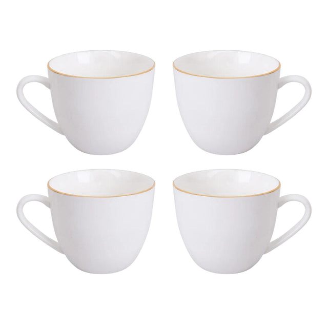 Set de 4 tazas de té de porcelana blanca con borde dorado, 260mL, aptas para microondas, ideales para bebidas calientes y frías.-1-1-1-1