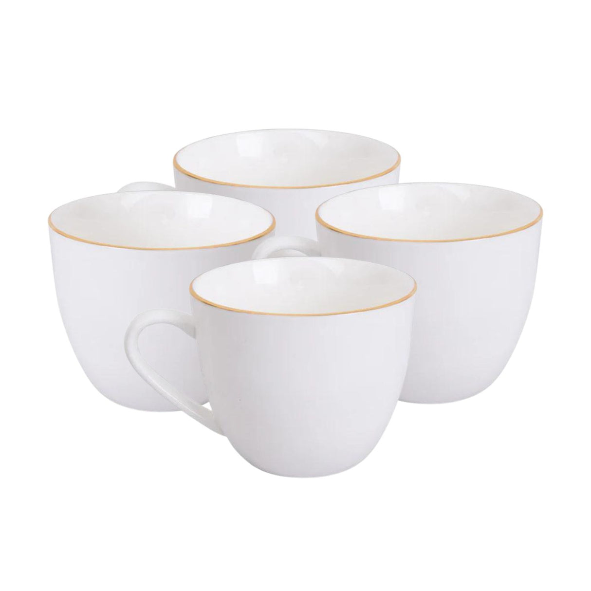 Set de 4 tazas de té de porcelana blanca con borde dorado, 260mL, aptas para microondas, ideales para bebidas calientes y frías.-3