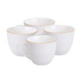 Set de 4 tazas de té de porcelana blanca con borde dorado, 260mL, aptas para microondas, ideales para bebidas calientes y frías.-3