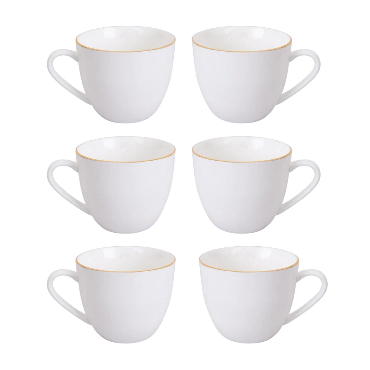 Set de 6 tazas de té de porcelana blanca con borde dorado, 260mL, elegantes y duraderas, ideales para reuniones y uso diario.-1