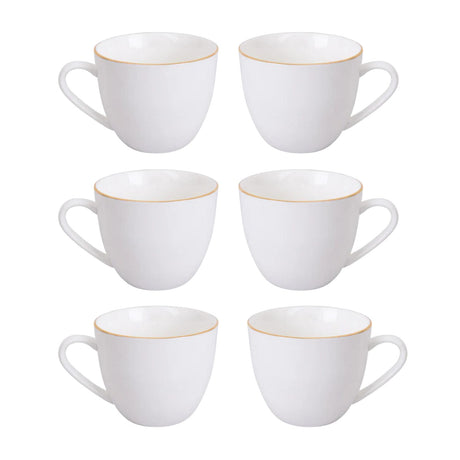 Set de 6 tazas de té de porcelana blanca con borde dorado, 260mL, elegantes y duraderas, ideales para reuniones y uso diario.-1