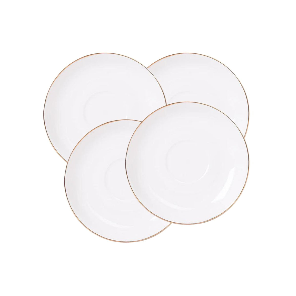 Set de 4 platillos de porcelana blanca de 15cm con borde dorado, ideales para servir aperitivos y postres en ocasiones especiales.-1-1-1-1